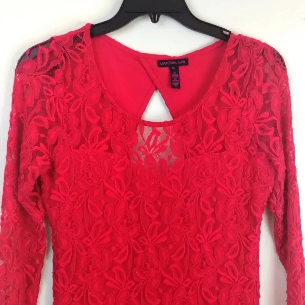 Sexy Red Floral Lace Long Sleeve Women's Dress XL
